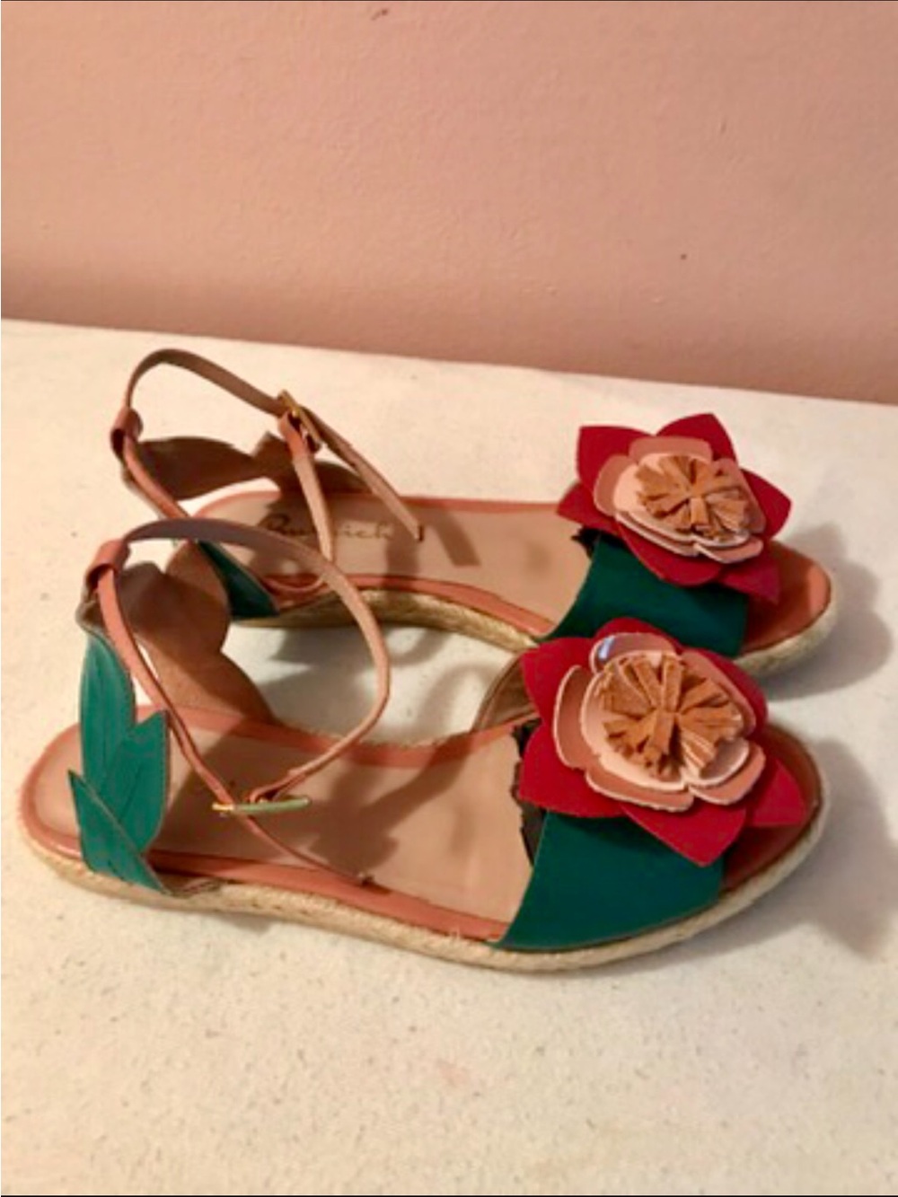 BUTRICH ,Women’s Green and Pink Floral Ankle-Strap Sandals NEW , (No Tag)